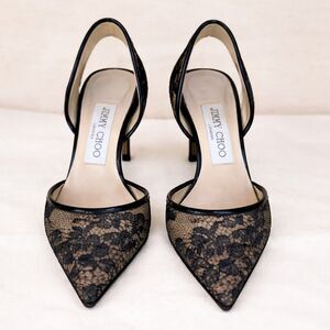 Jimmy Choo Lace Slingback Heels Black Nude Pointed Toe Pumps EU 34 US 4 Stiletto